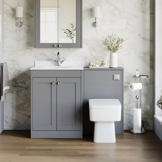  Farlow Shaker 1100mm Floor Standing Marble Top Basin Combination Pack with Square Toilet - Satin Grey