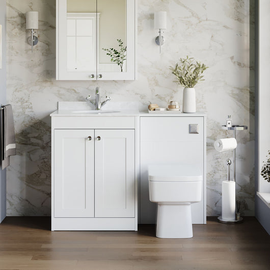  Farlow Shaker 1100mm Floor Standing Marble Top Basin Combination Pack with Square Toilet - Satin White