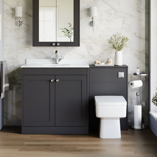  Farlow Shaker 1300mm Floor Standing Marble Top Basin Combination Pack with Square Toilet - Satin Soft Black