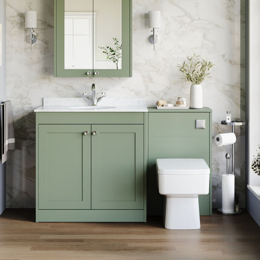  Farlow Shaker 1300mm Floor Standing Marble Top Basin Combination Pack with Square Toilet - Satin Green