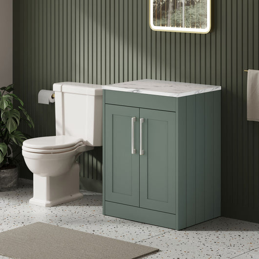 Farlow Shaker Floor Standing 600mm 2-Door Vanity with Carrera Marble Laminate Worktop - Satin Green