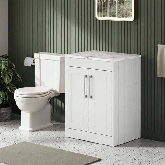  Farlow Shaker Floor Standing 600mm 2-Door Vanity with Carrera Marble Laminate Worktop - Satin White