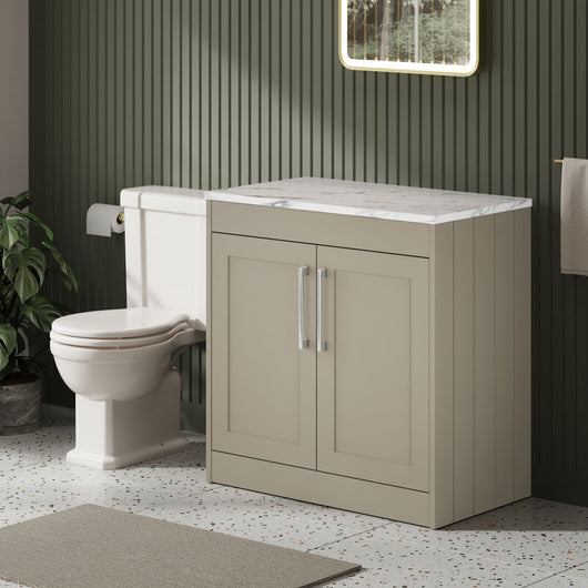  Farlow Shaker Floor Standing 800mm 2-Door Vanity with Carrera Marble Laminate Worktop - Pebble Grey