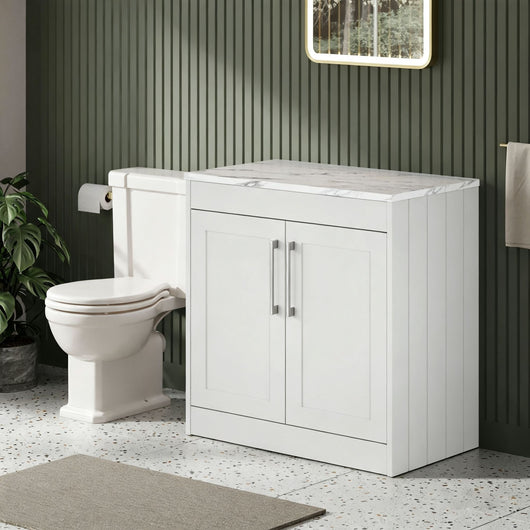  Farlow Shaker Floor Standing 800mm 2-Door Vanity with Carrera Marble Laminate Worktop - Satin White