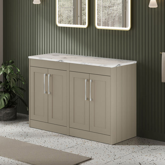  Farlow Shaker Floor Standing 1200mm 4-Door Vanity with Carrera Marble Laminate Worktop - Pebble Grey