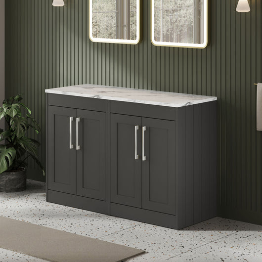  Farlow Shaker Floor Standing 1200mm 4-Door Vanity with Carrera Marble Laminate Worktop - Satin Soft Black