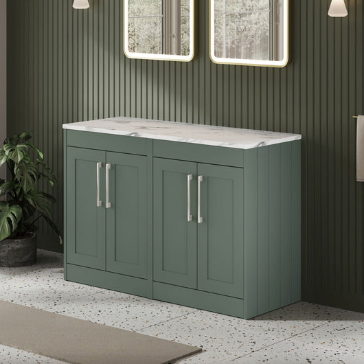  Farlow Shaker Floor Standing 1200mm 4-Door Vanity with Carrera Marble Laminate Worktop - Satin Green