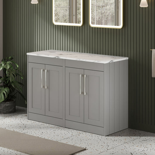  Farlow Shaker Floor Standing 1200mm 4-Door Vanity with Carrera Marble Laminate Worktop - Satin Grey