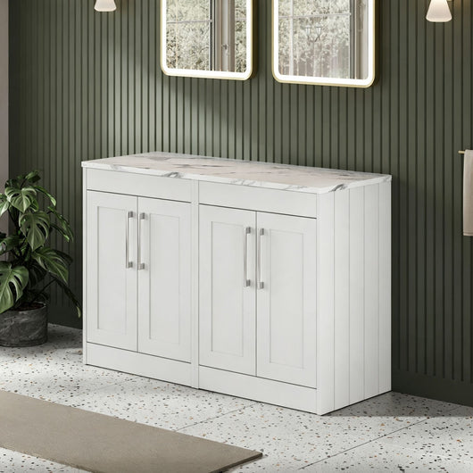  Farlow Shaker Floor Standing 1200mm 4-Door Vanity with Carrera Marble Laminate Worktop - Satin White