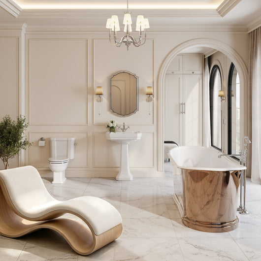 Cobre 1800mm Copper Boat Bath Traditional Suite with Huxton Basin Pedestal & Close Coupled Toilet
