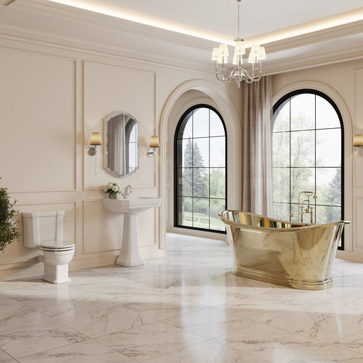  Cobre 1500mm Brass Boat Bath Traditional Suite with Huxton Basin Pedestal & Close Coupled Toilet - welovecouk