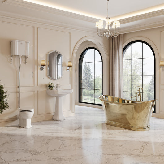  Cobre 1500mm Brass Boat Bath Traditional Suite with Huxton Basin Pedestal & High Level Cistern Toilet
