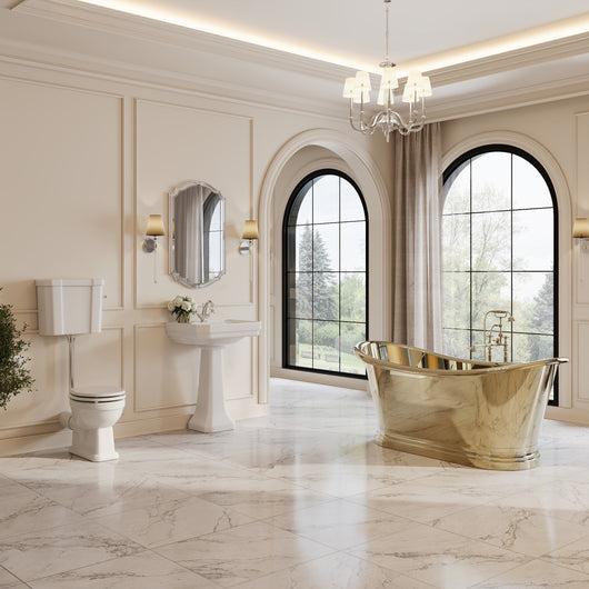  Cobre 1500mm Brass Boat Bath Traditional Suite with Huxton Basin Pedestal & Low Level Cistern Toilet - welovecouk