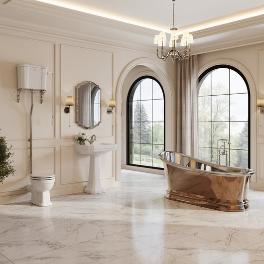  Cobre 1700 Copper Nickel Slipper Bath Traditional Suite with Huxton Basin Pedestal & High Level Cistern Toilet