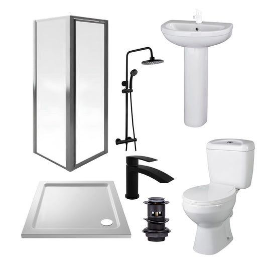  Aqualux AQUA3 800mm Pivot Enclosure with Toilet & Basin Pedestal Complete Suite - Black Tap Pack