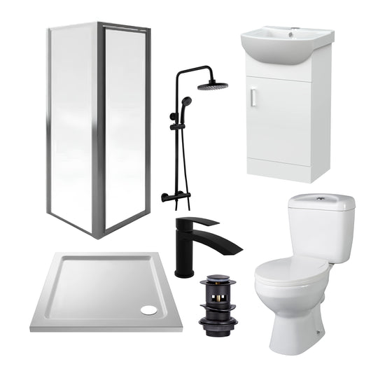  Aqualux AQUA3 760mm Pivot Enclosure with Toilet & 450mm Vanity Complete Suite - Black Tap Pack