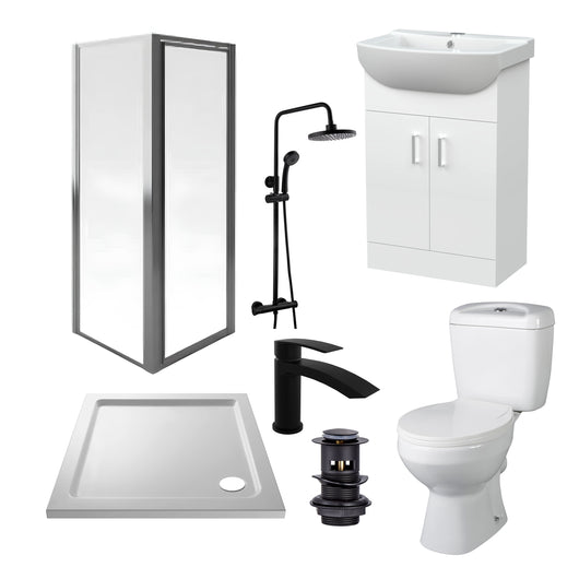  Aqualux AQUA3 760mm Pivot Enclosure with Toilet & 550mm Vanity Complete Suite - Black Tap Pack