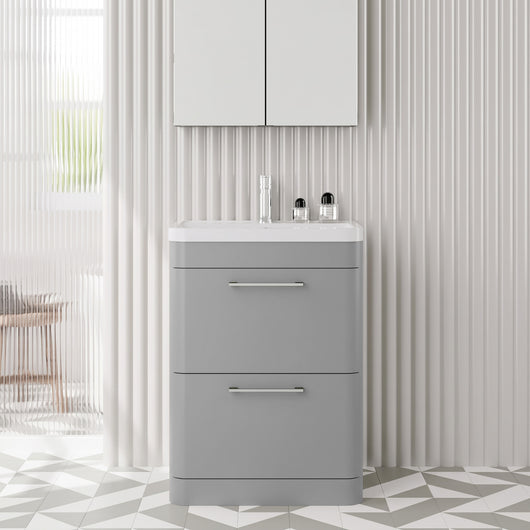  Pride Floorstanding 600mm 2-Drawer Vanity Unit with Polymarble Basin - Satin Grey