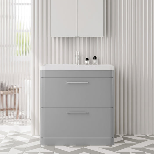  Pride Floorstanding 800mm 2-Drawer Vanity Unit with Polymarble Basin - Satin Grey - welovecouk