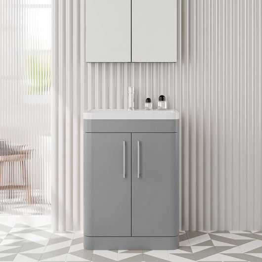  Pride Floorstanding 600mm 2-Door Vanity Unit with Polymarble Basin - Satin Grey