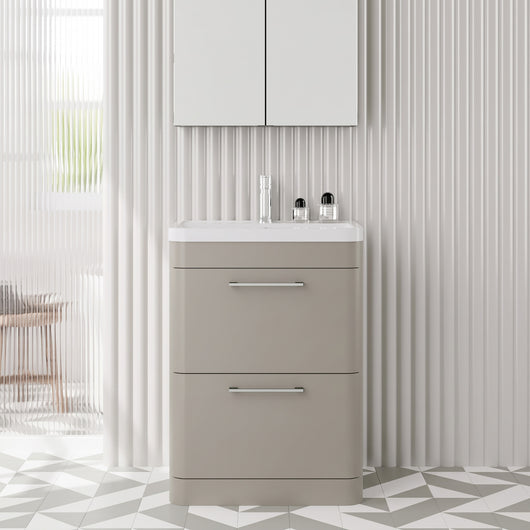  Pride Floorstanding 600mm 2-Drawer Vanity Unit with Polymarble Basin - Pebble Grey