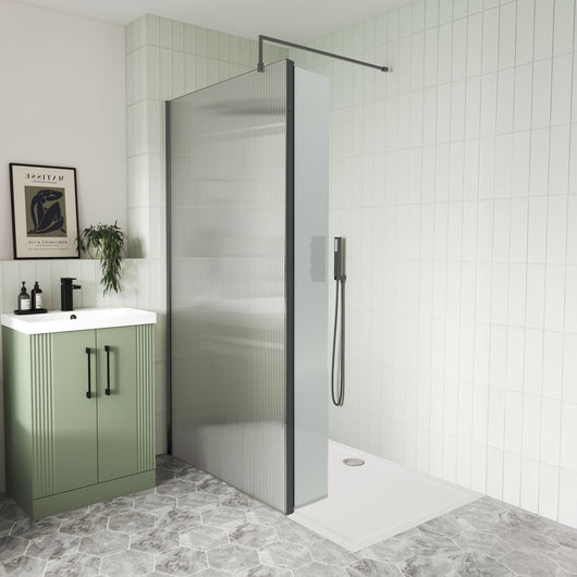 Brushed Pewter Fluted Enclosure with Stone Shower Tray - Various Sizes Available - welovecouk