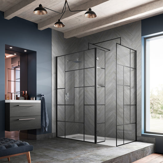 1700 x 700mm Stone Shower Tray & 8mm Screen Pack - Black Abstract Profile - welovecouk