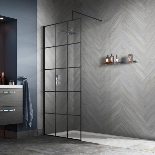  Trieste 1950 x 800mm Matt Black Grid Wetroom Screen with Support Bar - 8mm Glass