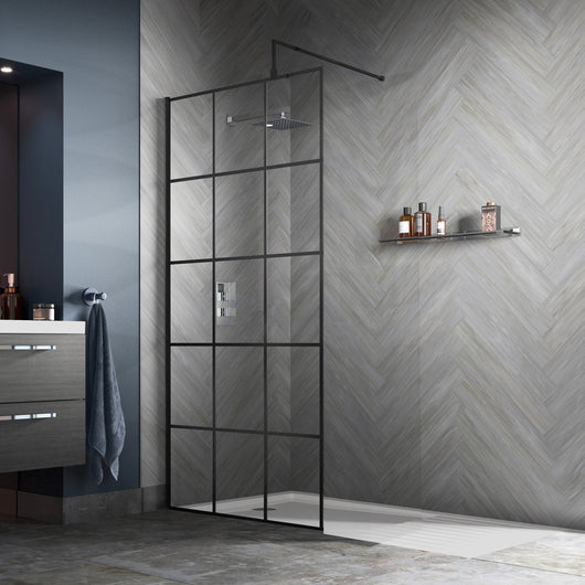  Trieste 1950 x 900mm Matt Black Grid Wetroom Screen with Support Bar - 8mm Glass