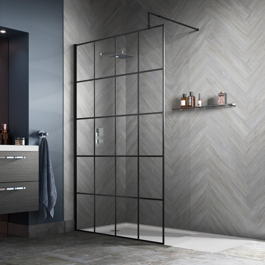  Trieste 1950 x 1100mm Matt Black Grid Wetroom Screen with Support Bar - 8mm Glass