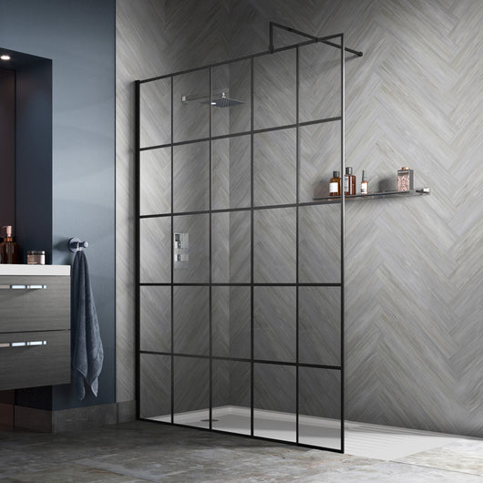  Trieste 1950 x 1400mm Matt Black Grid Wetroom Screen with Support Bar - 8mm Glass