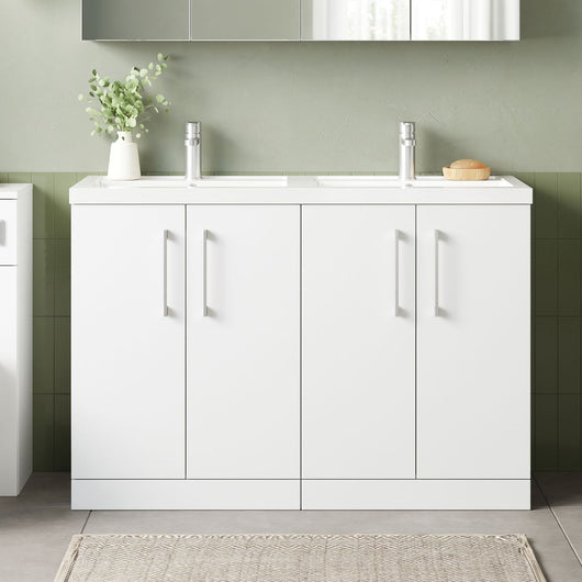  Nuie Arno 1200mm Floor Standing 4-Door Vanity & Double Polymarble Basin - Gloss White