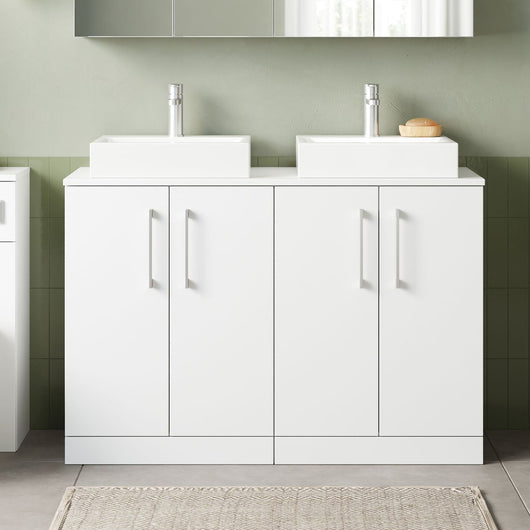  Nuie Arno 1200mm Floor Standing 4-Door Vanity & Worktop - Gloss White - welovecouk