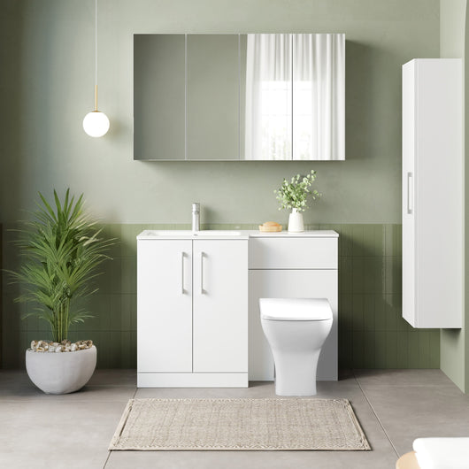  Nuie Arno L-Shaped 1100 Floor Standing Marble Basin Combination Unit - Gloss White with Brava Toilet - welovecouk