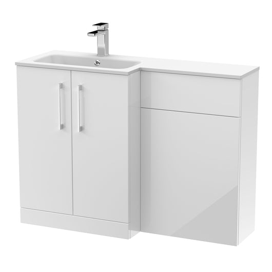  Nuie Arno Floor Standing 1100mm L Shape Combination Unit with Solid Stone Basin - Gloss White - welovecouk