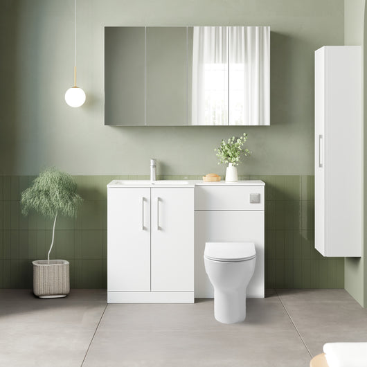  Nuie Arno L-Shaped 1100 Floor Standing Solid Stone Basin Combination Unit - Gloss White with Freya Toilet - welovecouk