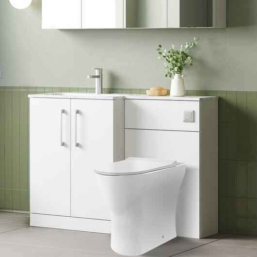  Nuie Arno L-Shaped 1100 Floor Standing Marble Stone Basin Combination Unit - Gloss White with Freya Toilet - welovecouk