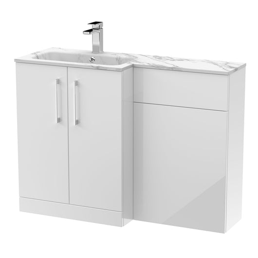  Nuie Arno Floor Standing 1100mm L Shape Combination Unit with Marble Stone Basin - Gloss White - welovecouk