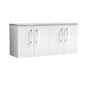 Nuie Arno 1200mm Wall Hung 4-Door Vanity & Laminate Worktop - Gloss White (Bellato Grey Worktop)