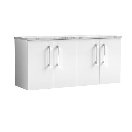  Nuie Arno 1200mm Wall Hung 4-Door Vanity & Laminate Worktop - Gloss White (Carrera Marble Worktop)