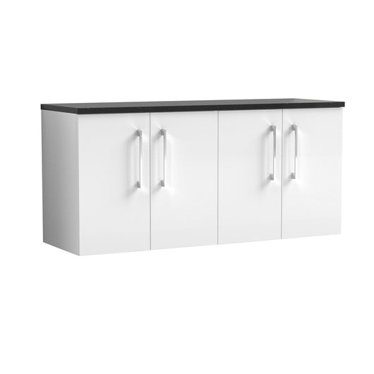  Nuie Arno 1200mm Wall Hung 4-Door Vanity & Laminate Worktop - Gloss White (Black Worktop)