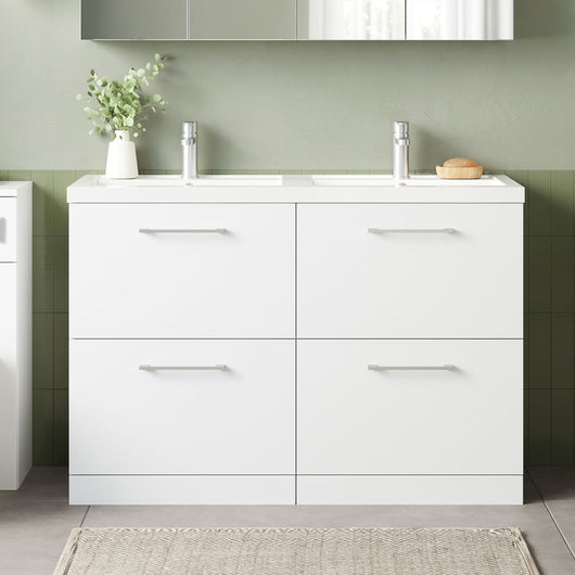  Nuie Arno 1200mm Floor Standing 4-Drawer Vanity & Double Polymarble Basin - Gloss White