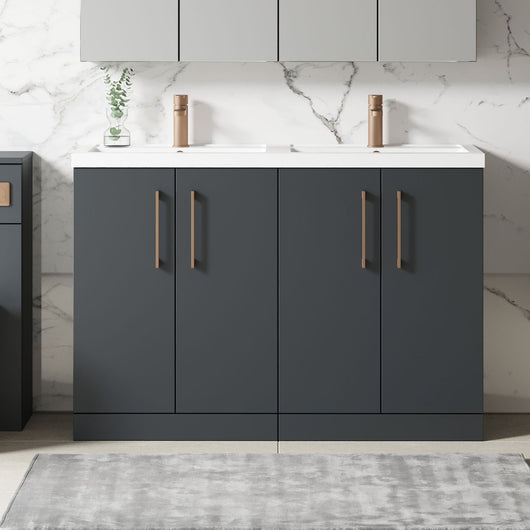  Nuie Arno 1200mm Floor Standing 4-Door Vanity & Double Polymarble Basin - Soft Black