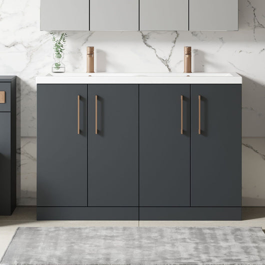  Nuie Arno 1200mm Floor Standing 4-Door Vanity & Double Ceramic Basin - Soft Black