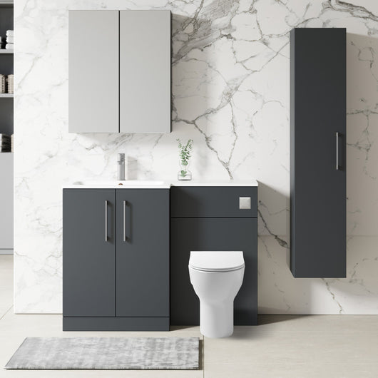  Nuie Arno L-Shaped 1100 Floor Standing Solid Stone Basin Combination Unit - Soft Black with Freya Toilet - welovecouk