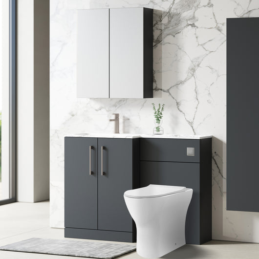  Nuie Arno L-Shaped 1100 Floor Standing Marble Stone Basin Combination Unit - Soft Black with Freya Toilet - welovecouk