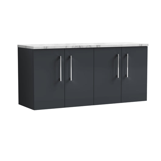  Nuie Arno 1200mm Wall Hung 4-Door Vanity & Laminate Worktop - Soft Black (Carrera Marble Worktop)