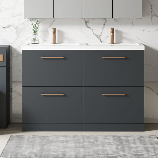  Nuie Arno 1200mm Floor Standing 4-Drawer Vanity & Double Polymarble Basin - Soft Black