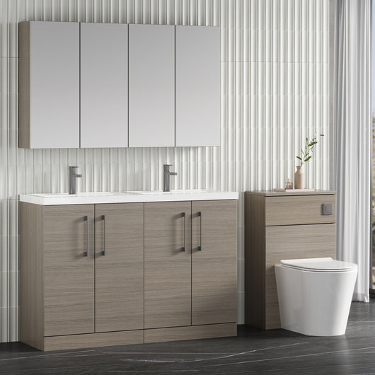  Nuie Arno 1200mm Floor Standing 4-Door Vanity & Double Polymarble Basin - Grey Vicenza Oak