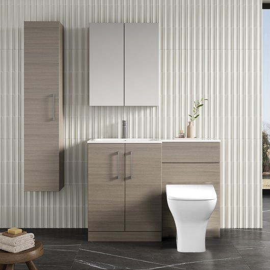  Nuie Arno L-Shaped 1100 Floor Standing Marble Basin Combination Unit - Solace Oak with Brava Toilet - welovecouk